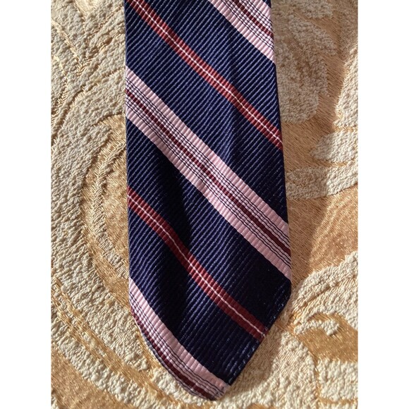 Vintage 60s Necktie 1960s Silk Pink & Brown Striped Mod Preppy Chic Short Tie - Picture 3 of 6